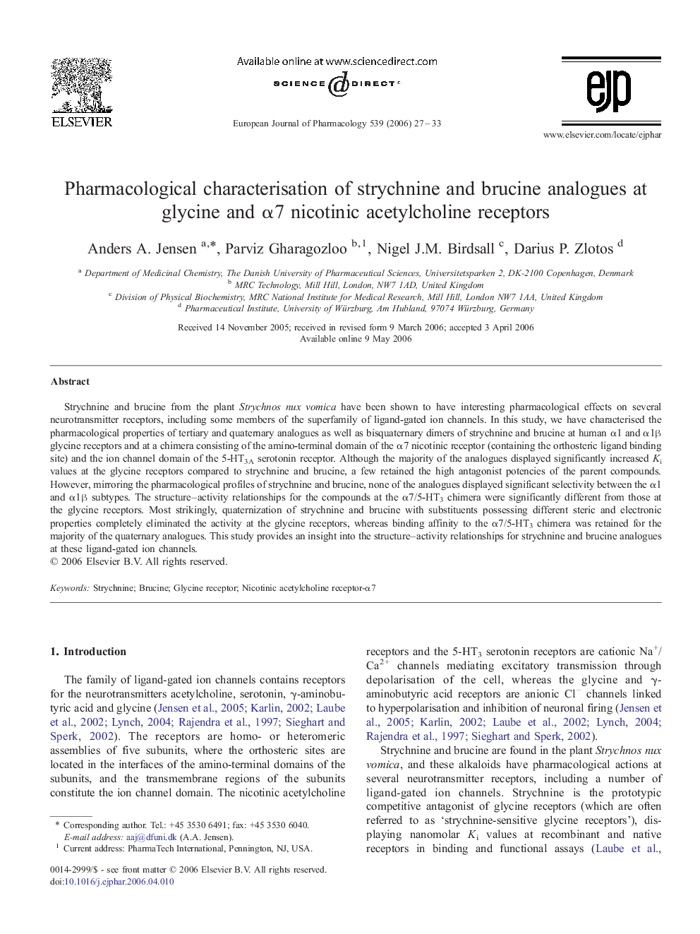 Pharmacological characterisation of strychnine and brucine analogues at glycine and α7 nicotinic acetylcholine receptors