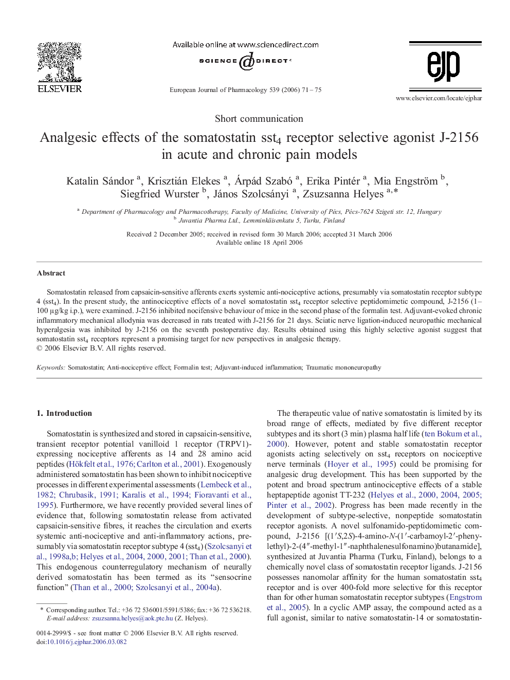 Analgesic effects of the somatostatin sst4 receptor selective agonist J-2156 in acute and chronic pain models