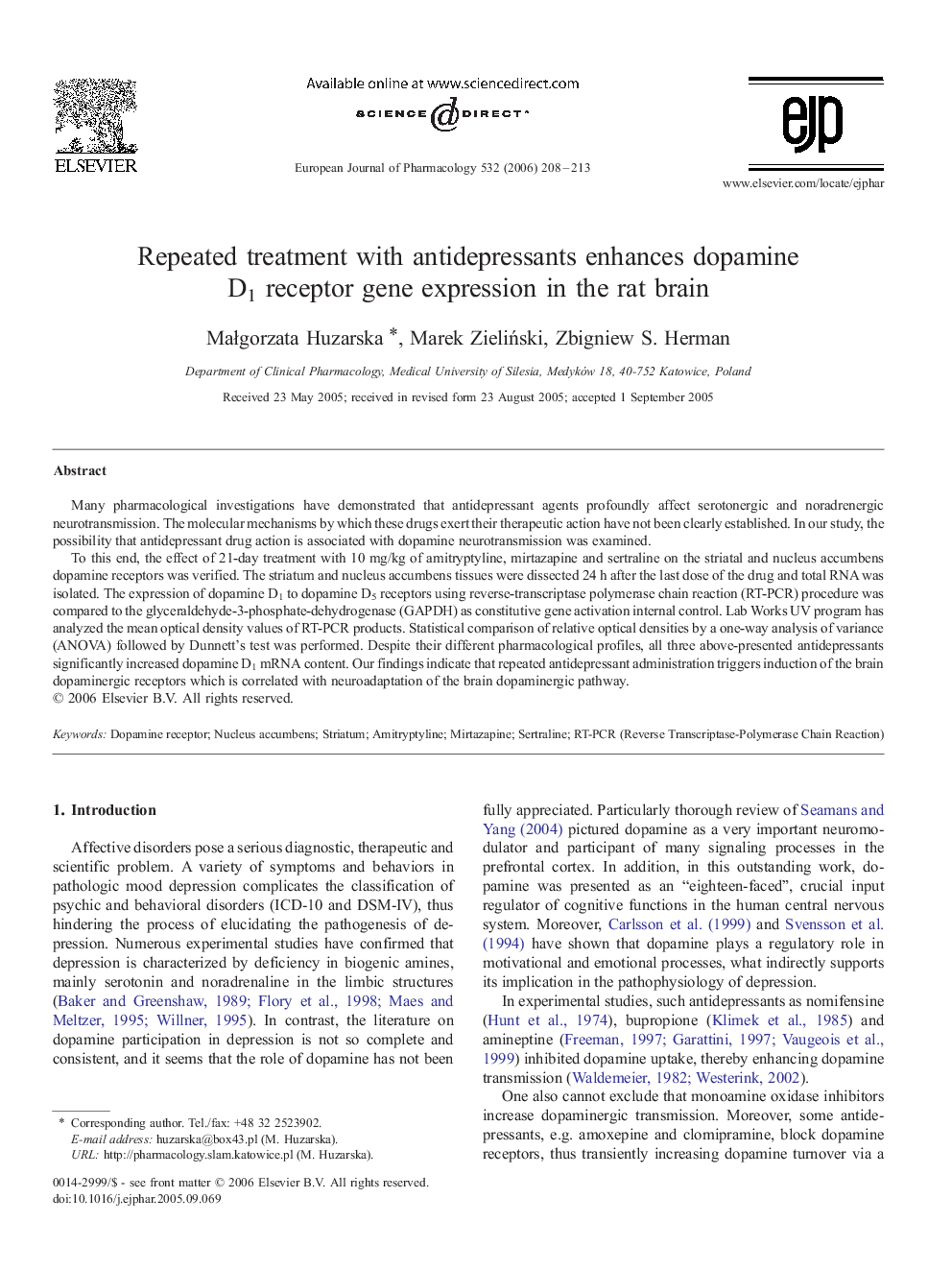 Repeated treatment with antidepressants enhances dopamine D1 receptor gene expression in the rat brain