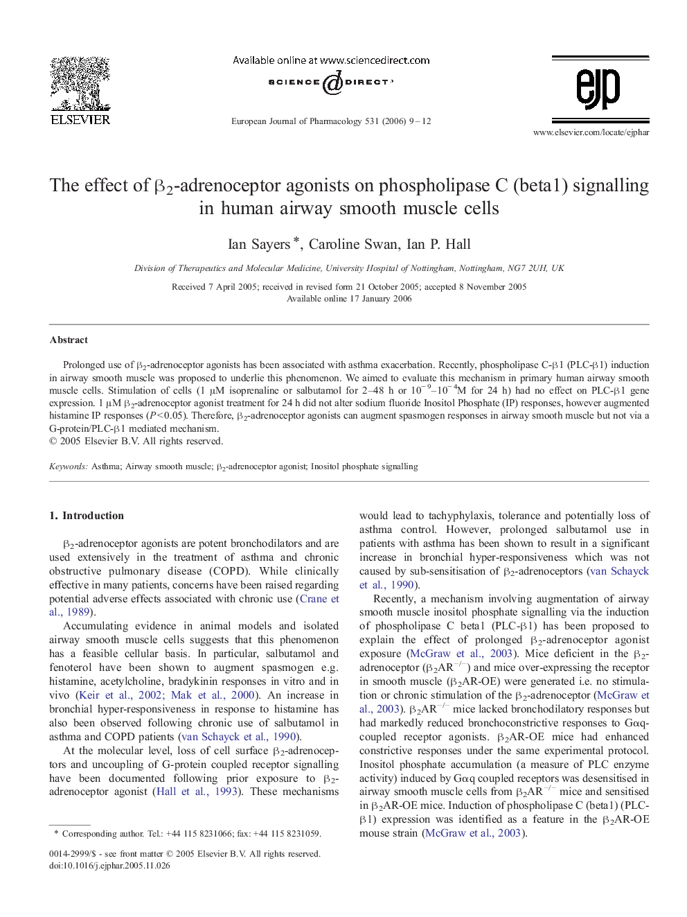 The effect of β2-adrenoceptor agonists on phospholipase C (beta1) signalling in human airway smooth muscle cells