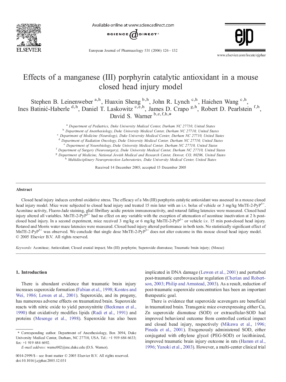 Effects of a manganese (III) porphyrin catalytic antioxidant in a mouse closed head injury model