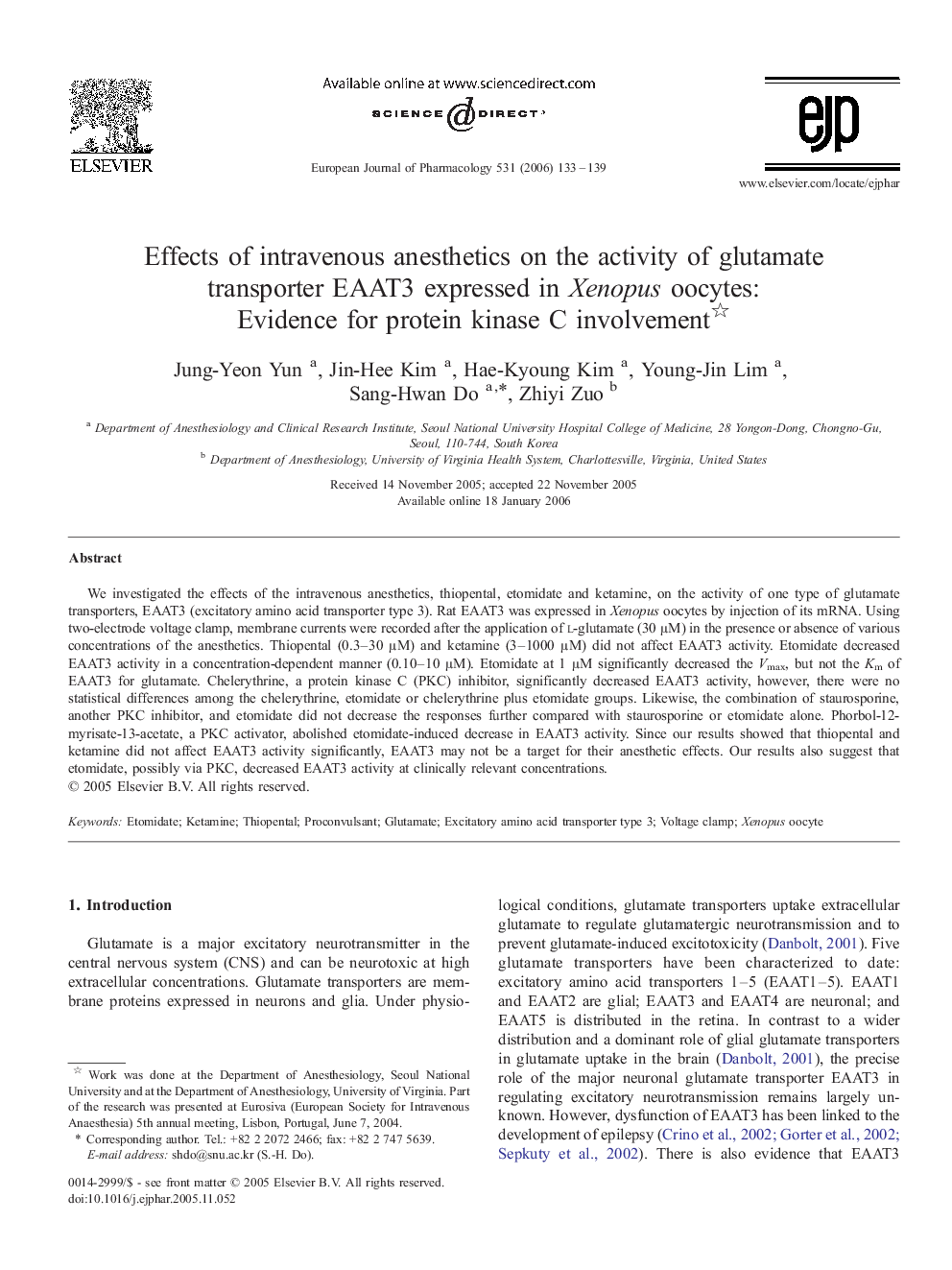 Effects of intravenous anesthetics on the activity of glutamate transporter EAAT3 expressed in Xenopus oocytes: Evidence for protein kinase C involvement