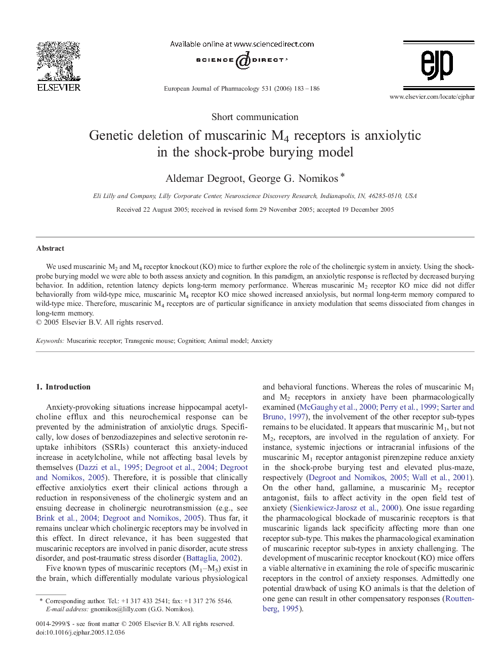 Genetic deletion of muscarinic M4 receptors is anxiolytic in the shock-probe burying model