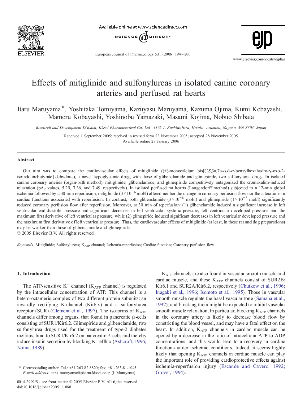 Effects of mitiglinide and sulfonylureas in isolated canine coronary arteries and perfused rat hearts