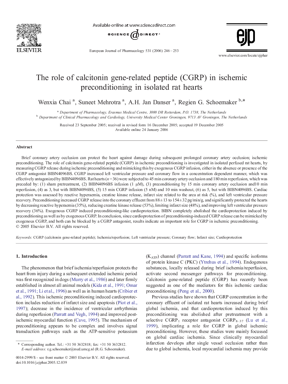 The role of calcitonin gene-related peptide (CGRP) in ischemic preconditioning in isolated rat hearts