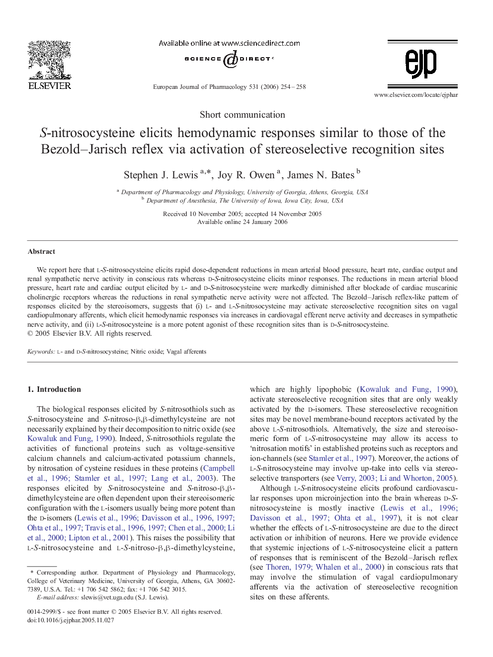 S-nitrosocysteine elicits hemodynamic responses similar to those of the Bezold–Jarisch reflex via activation of stereoselective recognition sites