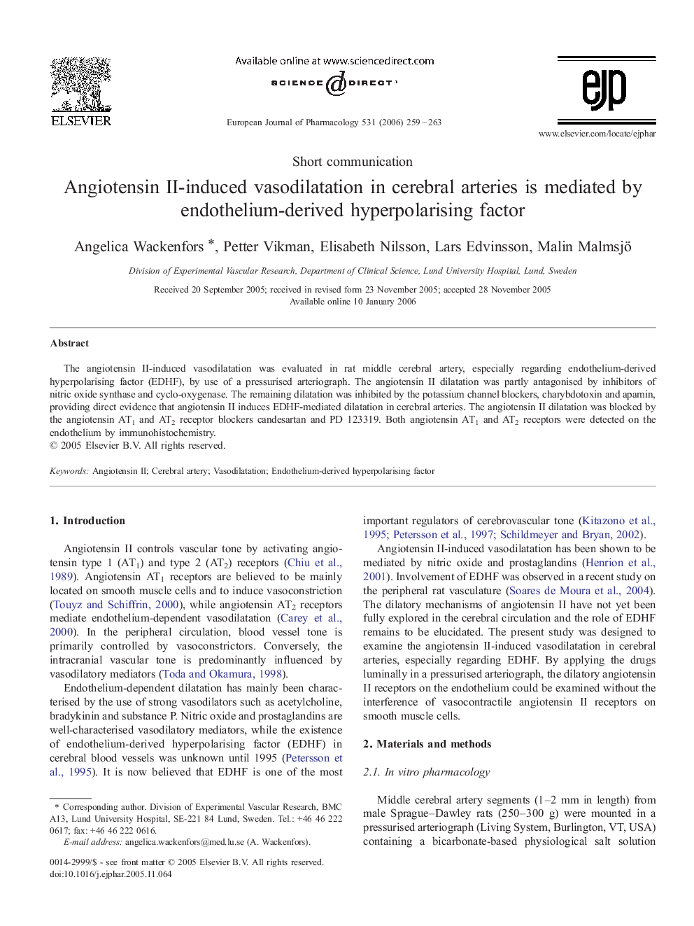 Angiotensin II-induced vasodilatation in cerebral arteries is mediated by endothelium-derived hyperpolarising factor