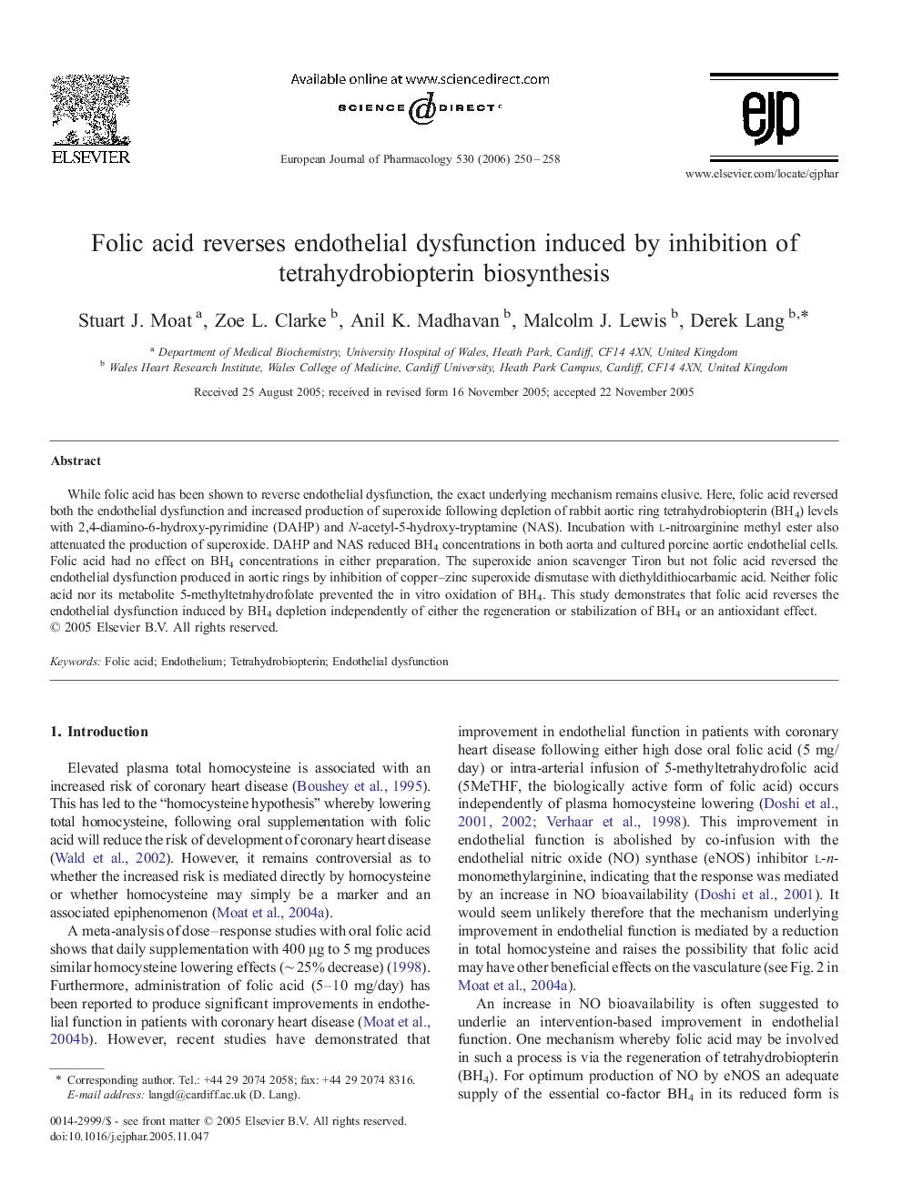 Folic acid reverses endothelial dysfunction induced by inhibition of tetrahydrobiopterin biosynthesis