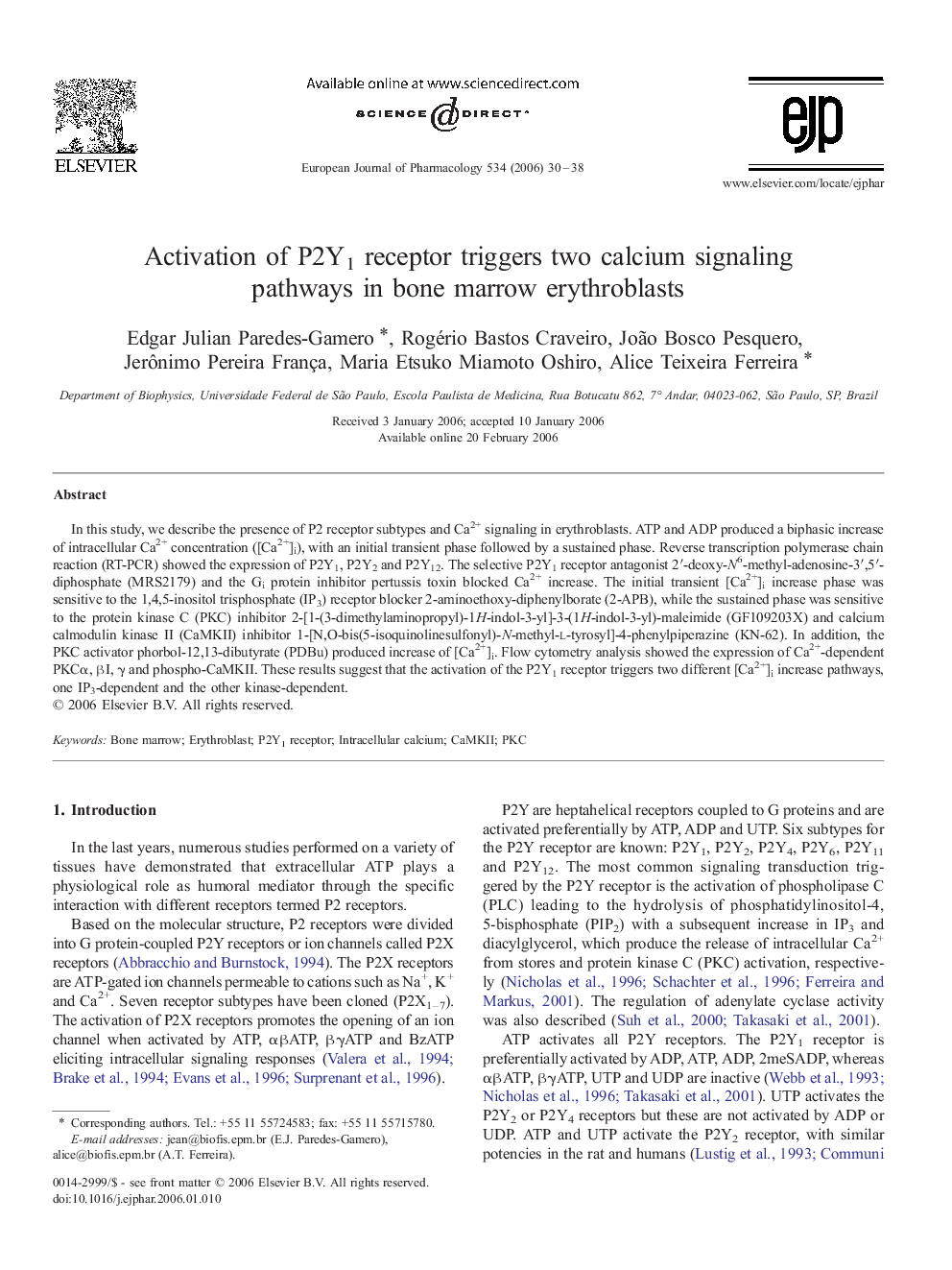 Activation of P2Y1 receptor triggers two calcium signaling pathways in bone marrow erythroblasts