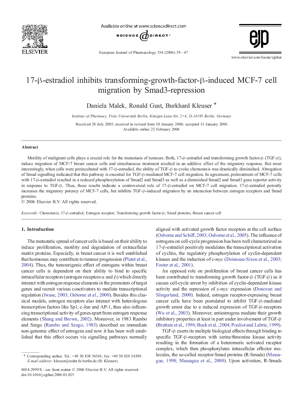 17-β-estradiol inhibits transforming-growth-factor-β-induced MCF-7 cell migration by Smad3-repression