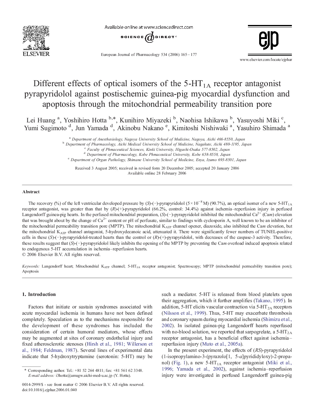 Different effects of optical isomers of the 5-HT1A receptor antagonist pyrapyridolol against postischemic guinea-pig myocardial dysfunction and apoptosis through the mitochondrial permeability transition pore