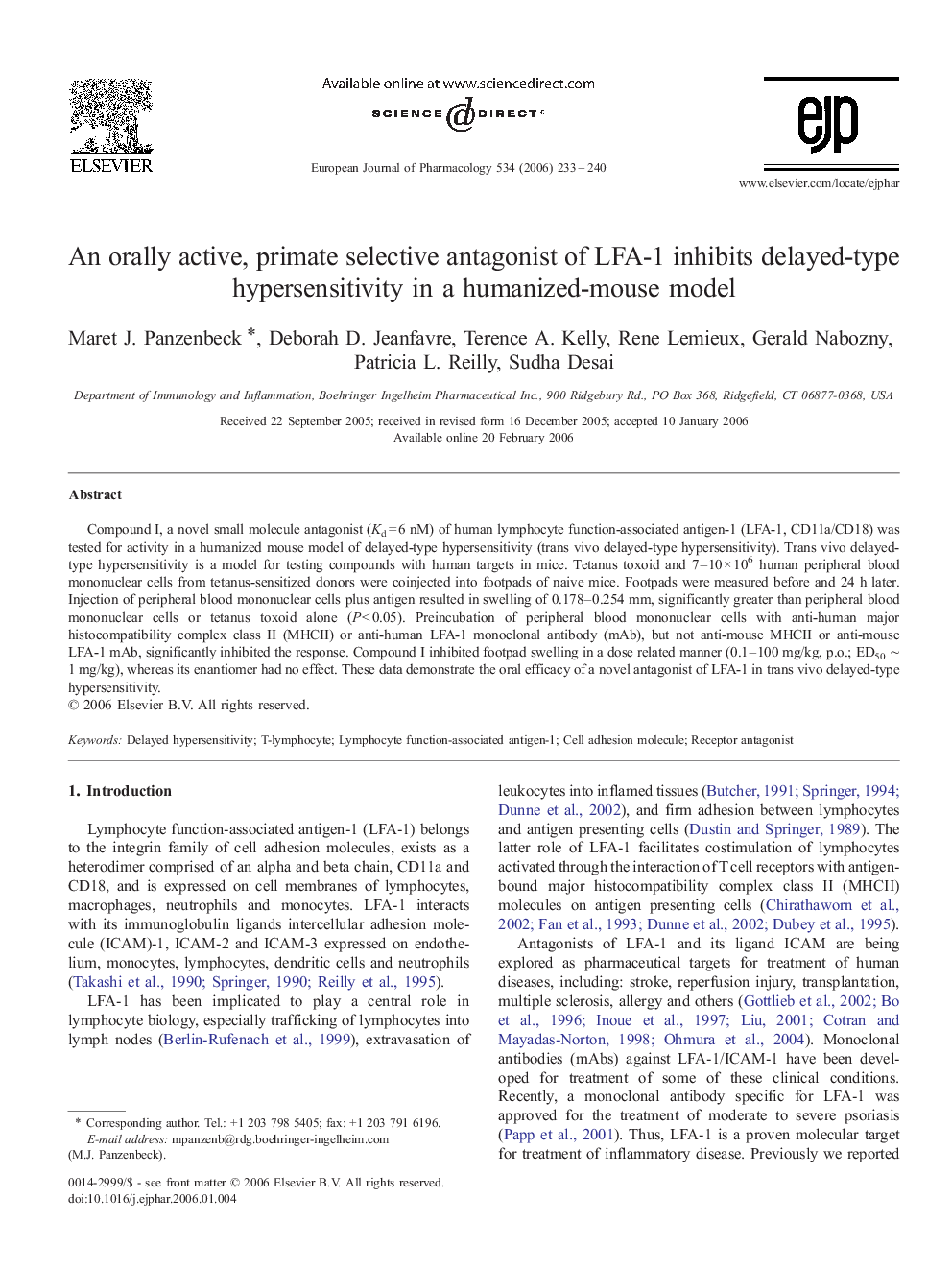 An orally active, primate selective antagonist of LFA-1 inhibits delayed-type hypersensitivity in a humanized-mouse model