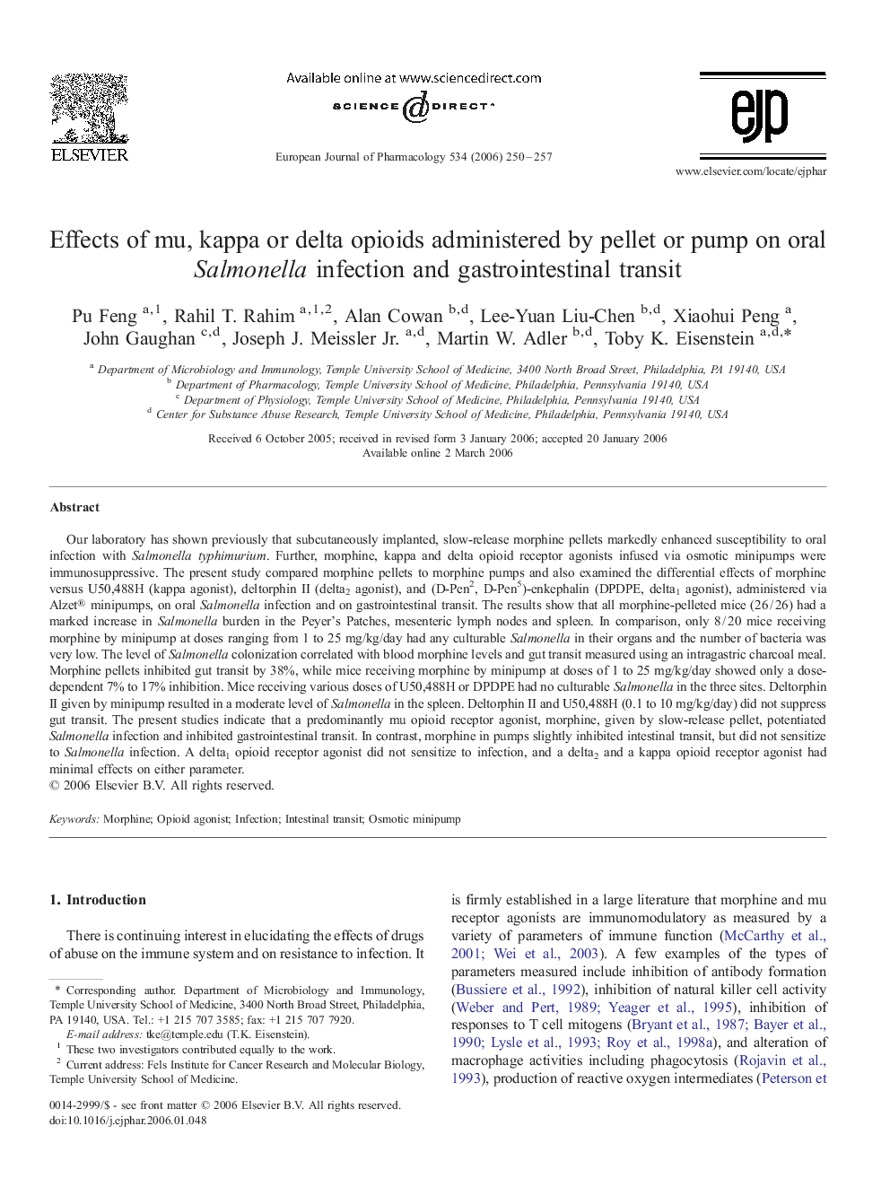 Effects of mu, kappa or delta opioids administered by pellet or pump on oral Salmonella infection and gastrointestinal transit