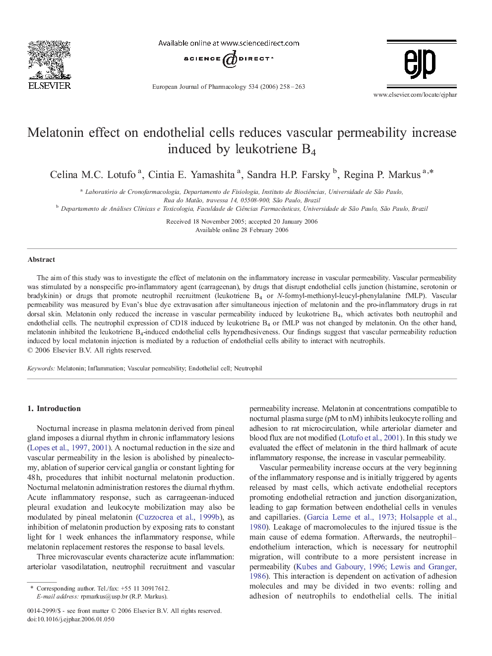 Melatonin effect on endothelial cells reduces vascular permeability increase induced by leukotriene B4