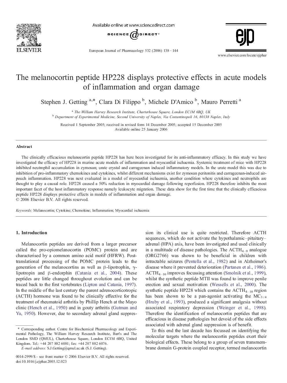 The melanocortin peptide HP228 displays protective effects in acute models of inflammation and organ damage