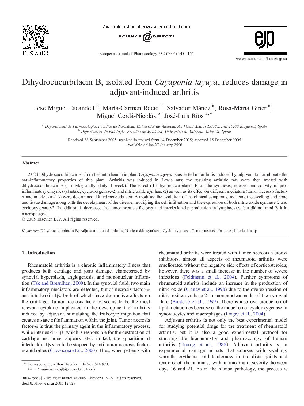 Dihydrocucurbitacin B, isolated from Cayaponia tayuya, reduces damage in adjuvant-induced arthritis