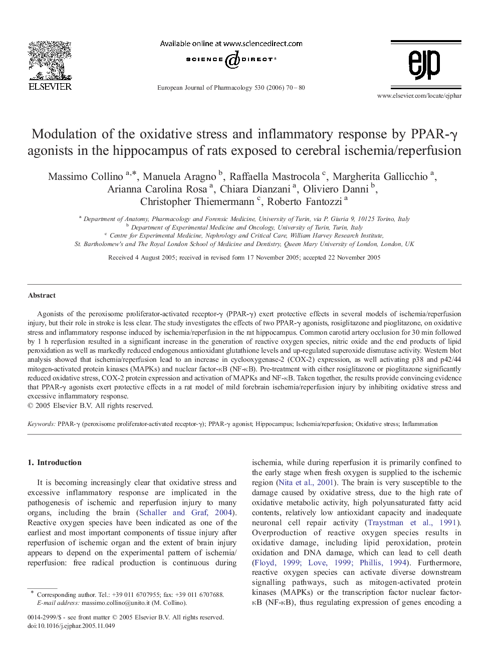 Modulation of the oxidative stress and inflammatory response by PPAR-γ agonists in the hippocampus of rats exposed to cerebral ischemia/reperfusion