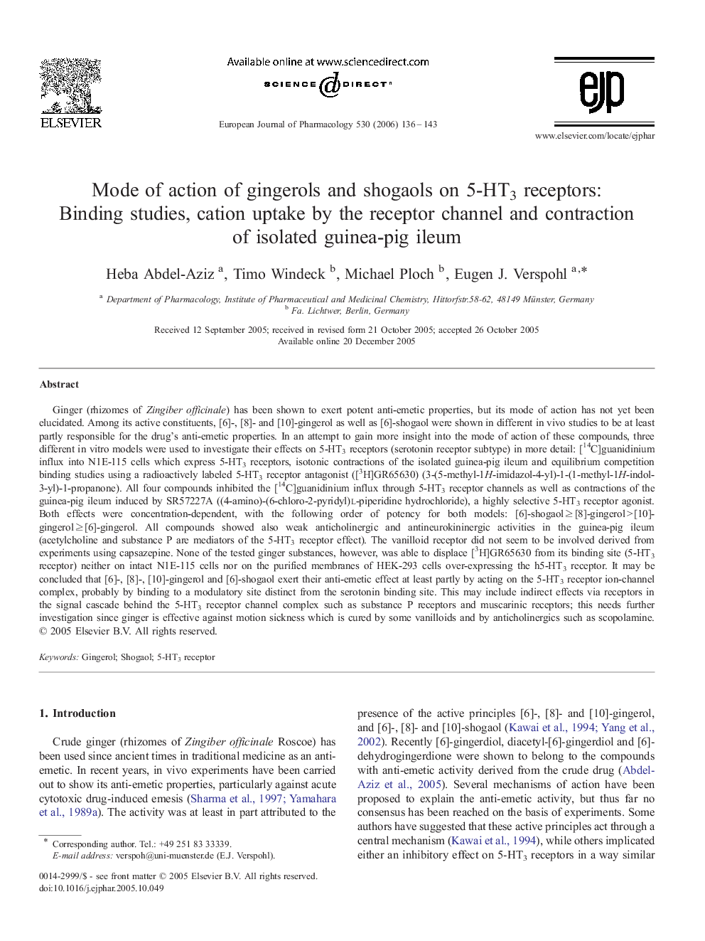 Mode of action of gingerols and shogaols on 5-HT3 receptors: Binding studies, cation uptake by the receptor channel and contraction of isolated guinea-pig ileum