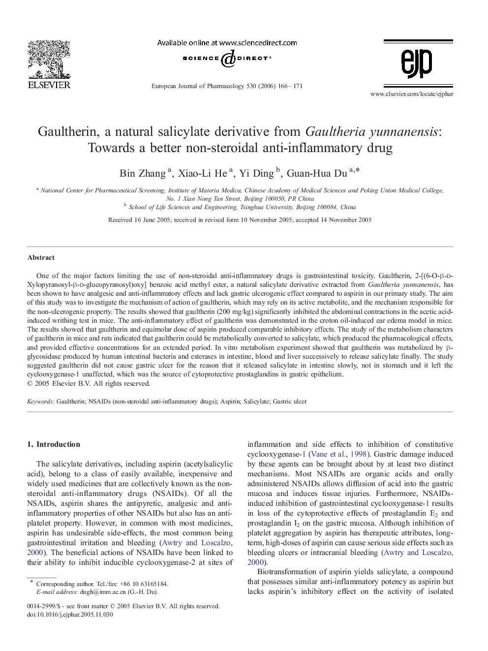 Gaultherin, a natural salicylate derivative from Gaultheria yunnanensis: Towards a better non-steroidal anti-inflammatory drug