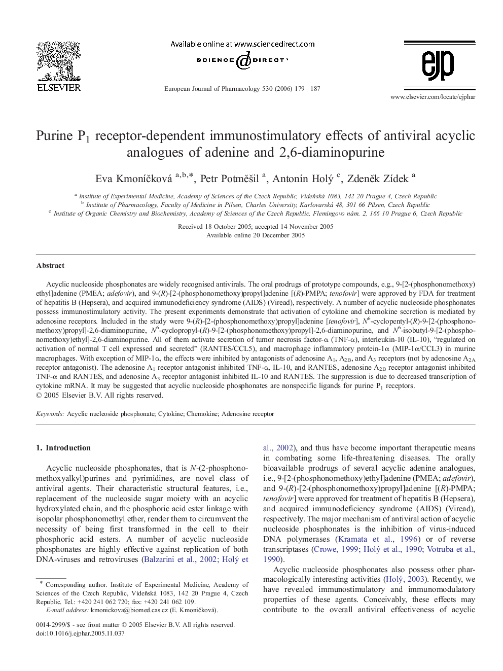Purine P1 receptor-dependent immunostimulatory effects of antiviral acyclic analogues of adenine and 2,6-diaminopurine