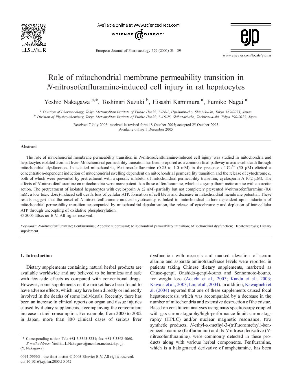 Role of mitochondrial membrane permeability transition in N-nitrosofenfluramine-induced cell injury in rat hepatocytes