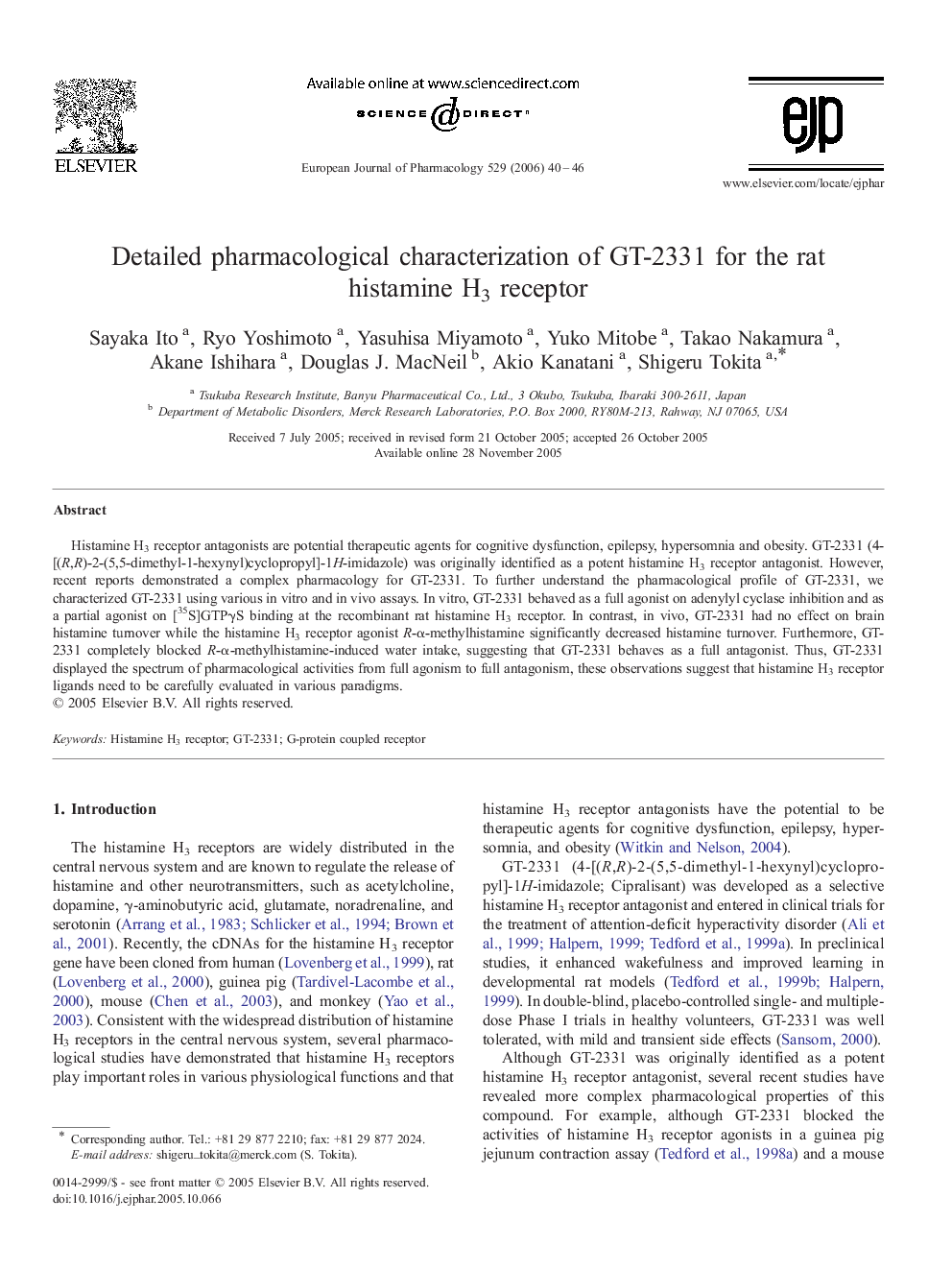 Detailed pharmacological characterization of GT-2331 for the rat histamine H3 receptor