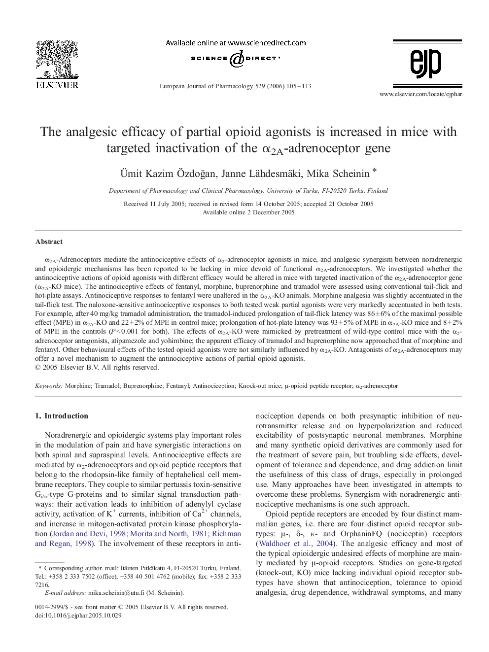 The analgesic efficacy of partial opioid agonists is increased in mice with targeted inactivation of the α2A-adrenoceptor gene