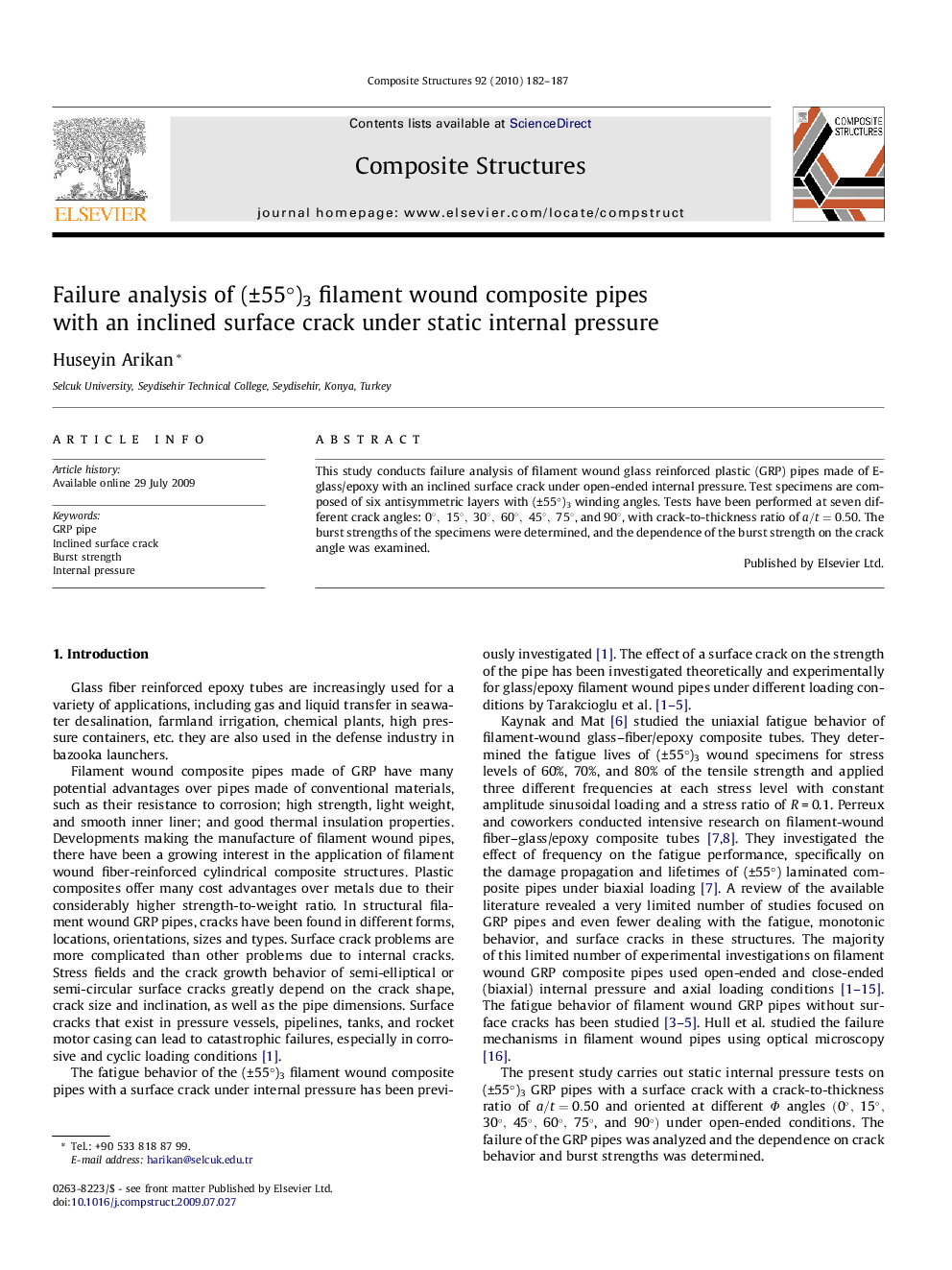 Failure analysis of (±55°)3 filament wound composite pipes with an inclined surface crack under static internal pressure