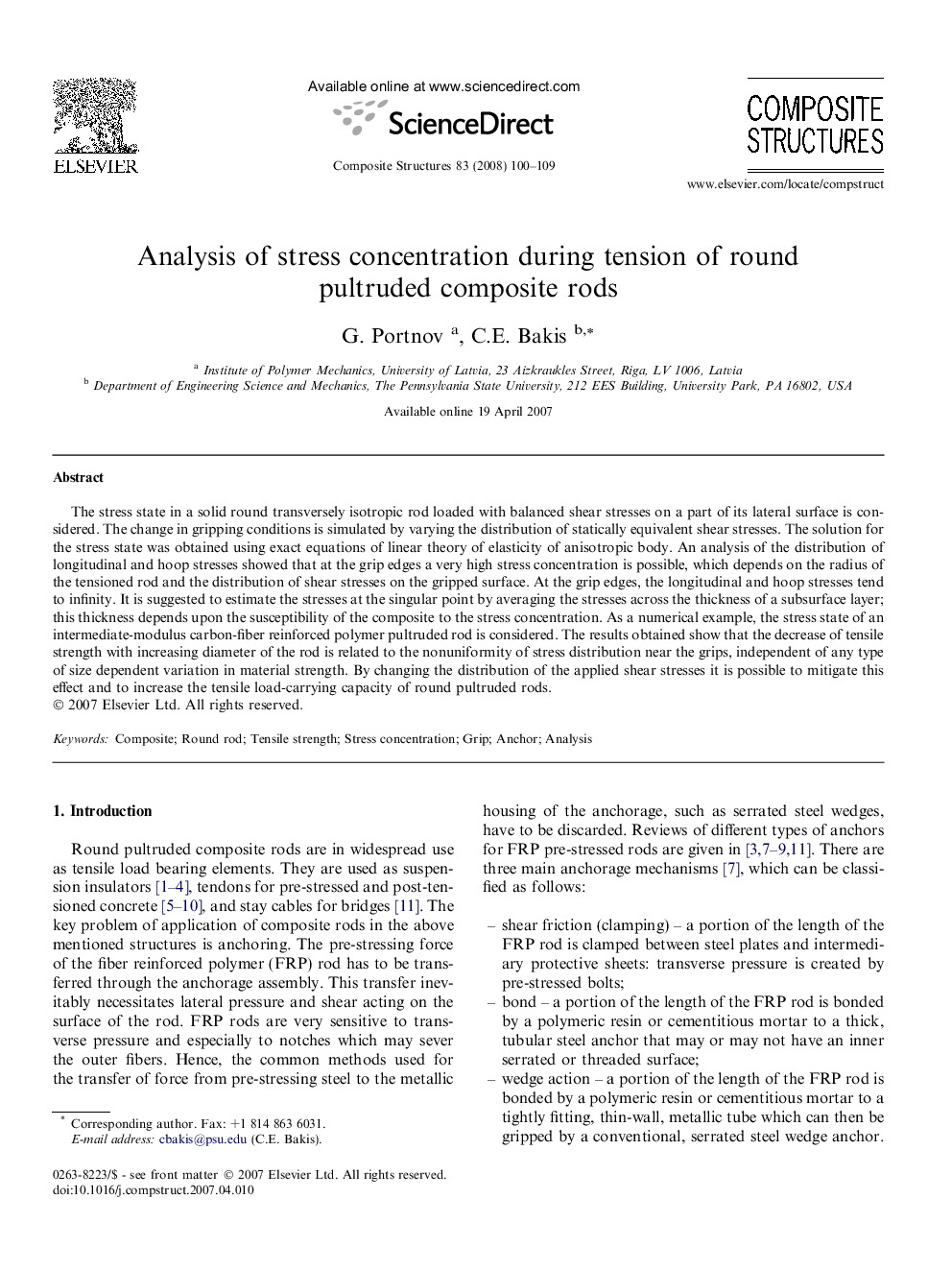 Analysis of stress concentration during tension of round pultruded composite rods