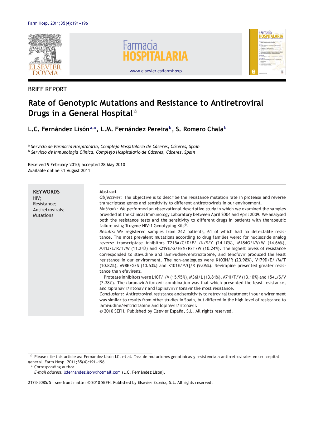 Rate of Genotypic Mutations and Resistance to Antiretroviral Drugs in a General Hospital