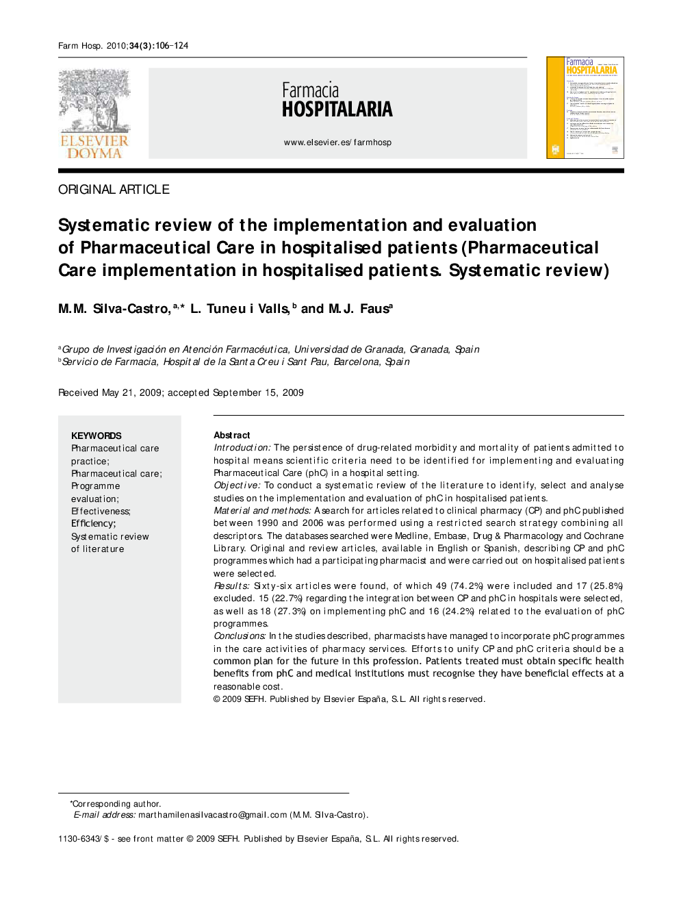 Systematic review of the implementation and evaluation of Pharmaceutical Care in hospitalised patients (Pharmaceutical Care implementation in hospitalised patients. Systematic review)