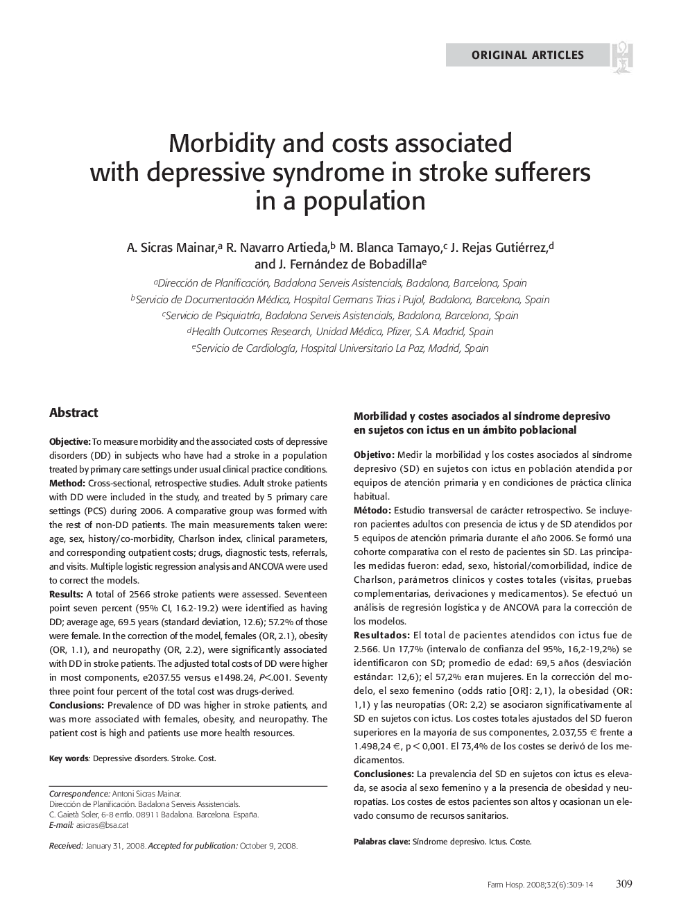 Morbidity and costs associated with depressive syndrome in stroke sufferers in a population