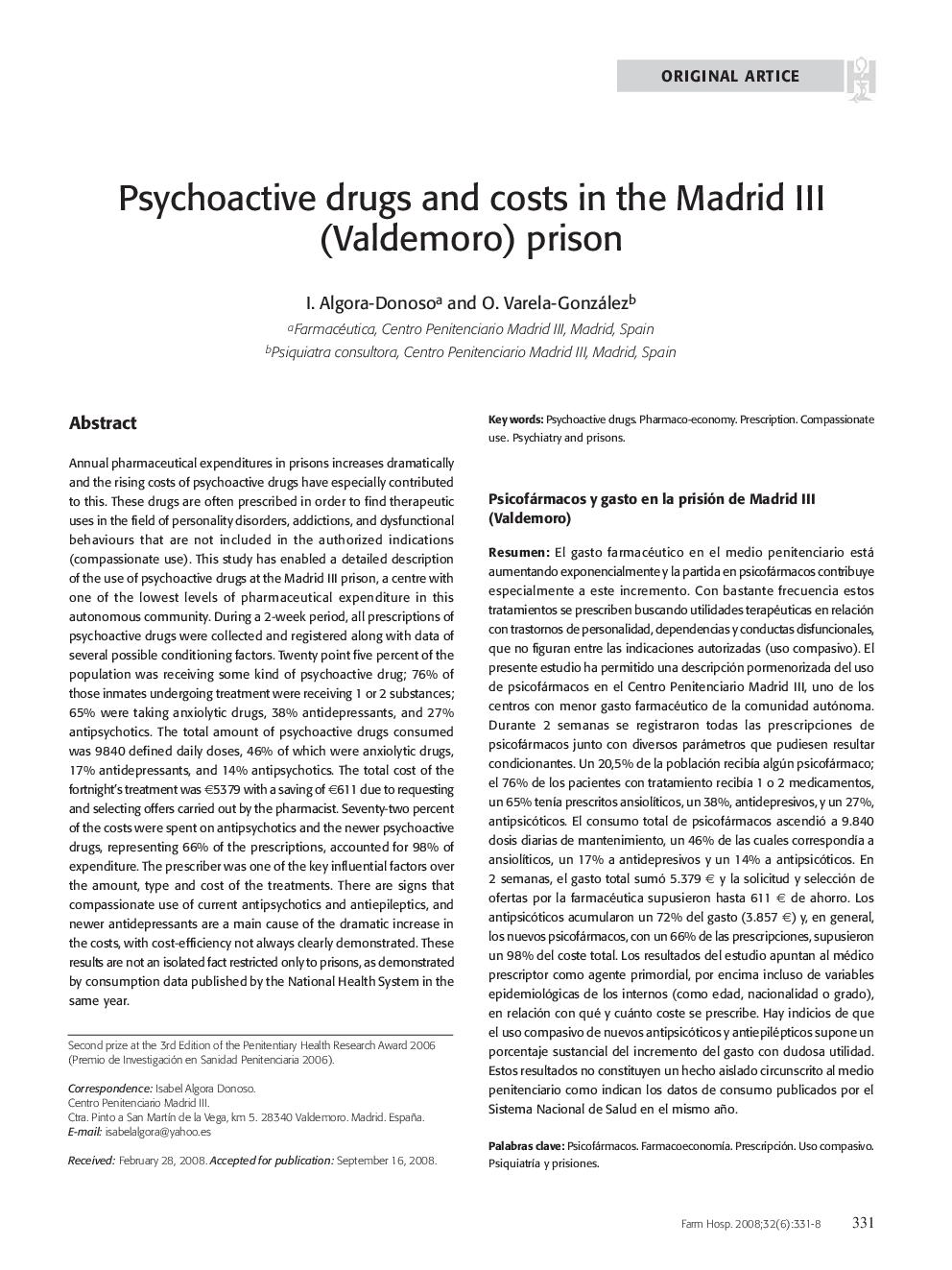 Psychoactive drugs and costs in the Madrid III (Valdemoro) prison