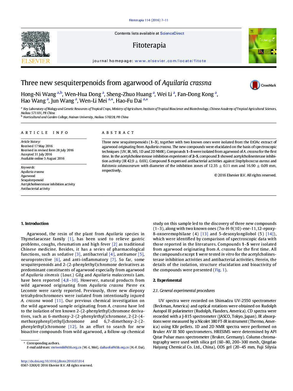 سه گونه sesquiterpenoids جدید از آگاروود crassna Aquilaria