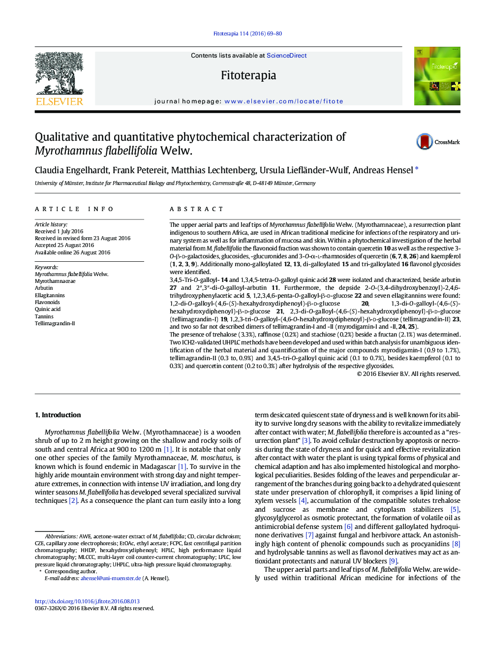 Qualitative and quantitative phytochemical characterization of Myrothamnus flabellifolia Welw.