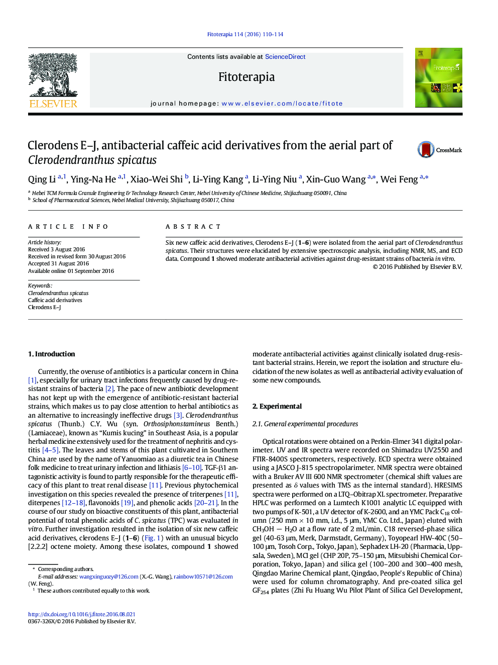 Clerodens E-J، مشتقات اسید کافئیک ضدباکتری از قسمت هوایی Clerodendranthus spicatus