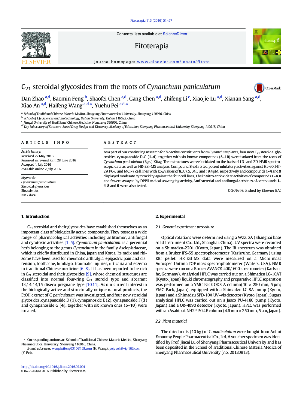 C21 steroidal glycosides from the roots of Cynanchum paniculatum