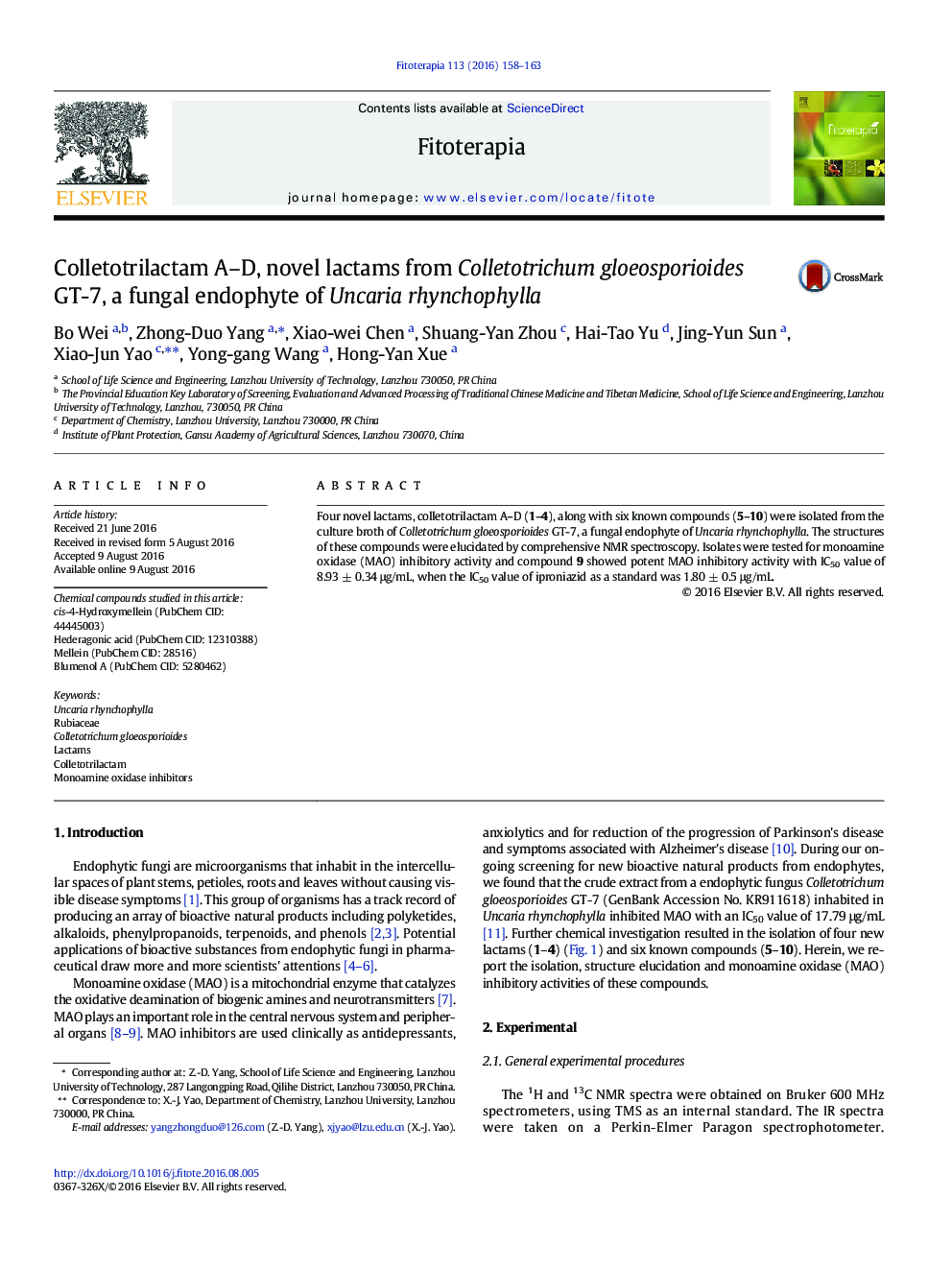 Colletotrilactam A–D, novel lactams from Colletotrichum gloeosporioides GT-7, a fungal endophyte of Uncaria rhynchophylla