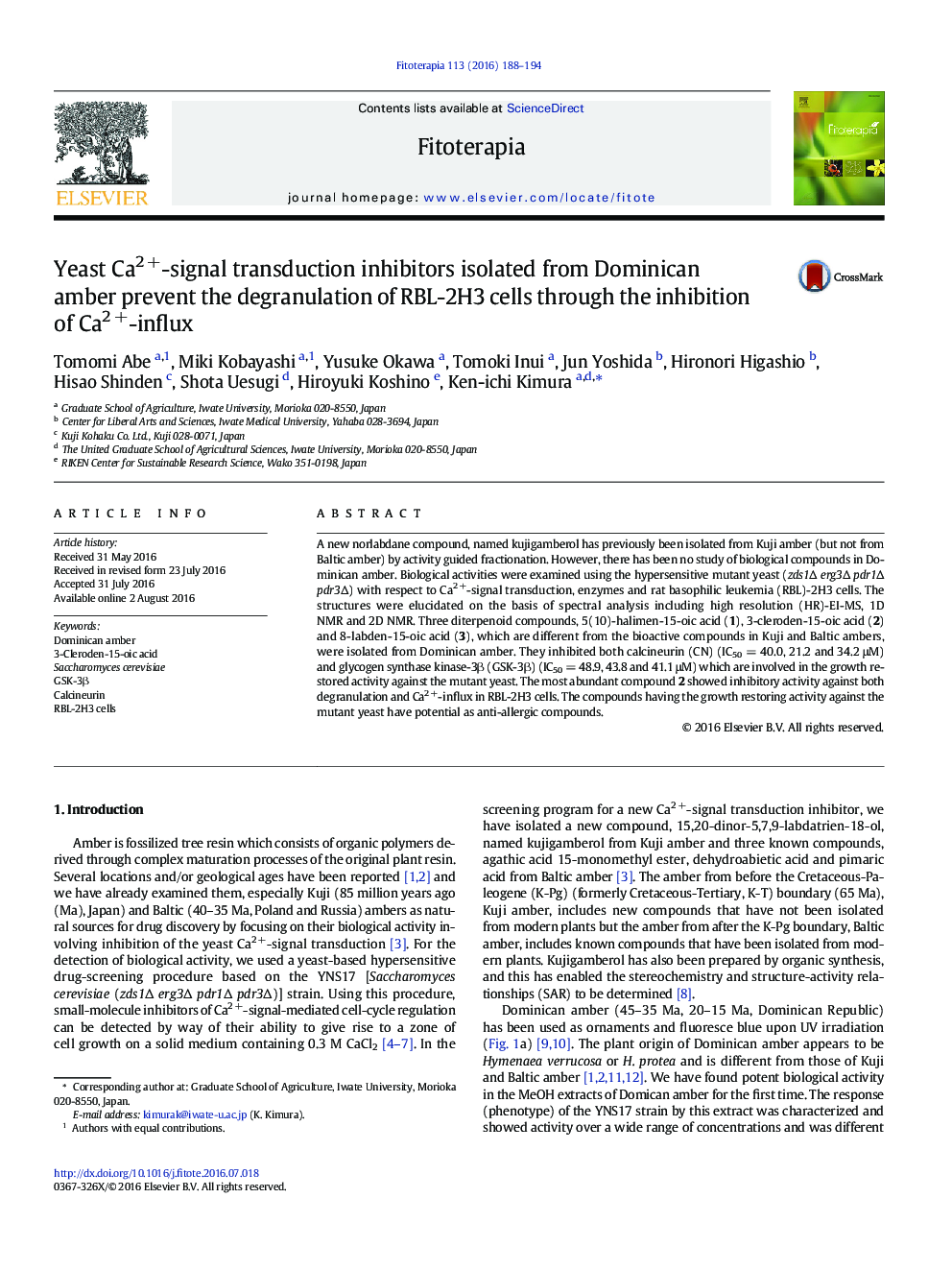 Yeast Ca2 +-signal transduction inhibitors isolated from Dominican amber prevent the degranulation of RBL-2H3 cells through the inhibition of Ca2 +-influx