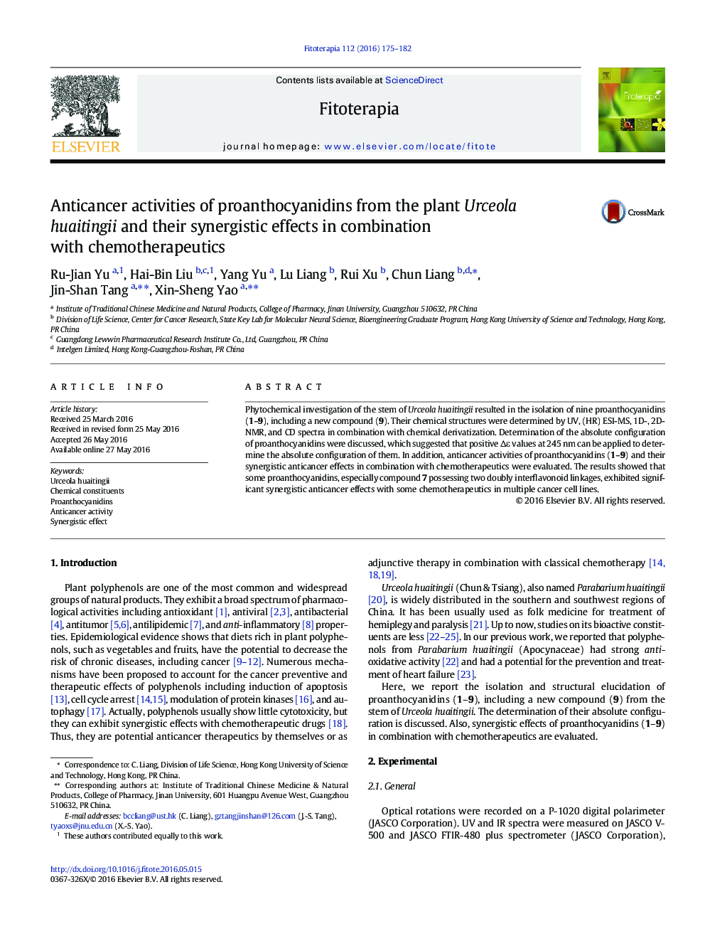 Anticancer activities of proanthocyanidins from the plant Urceola huaitingii and their synergistic effects in combination with chemotherapeutics