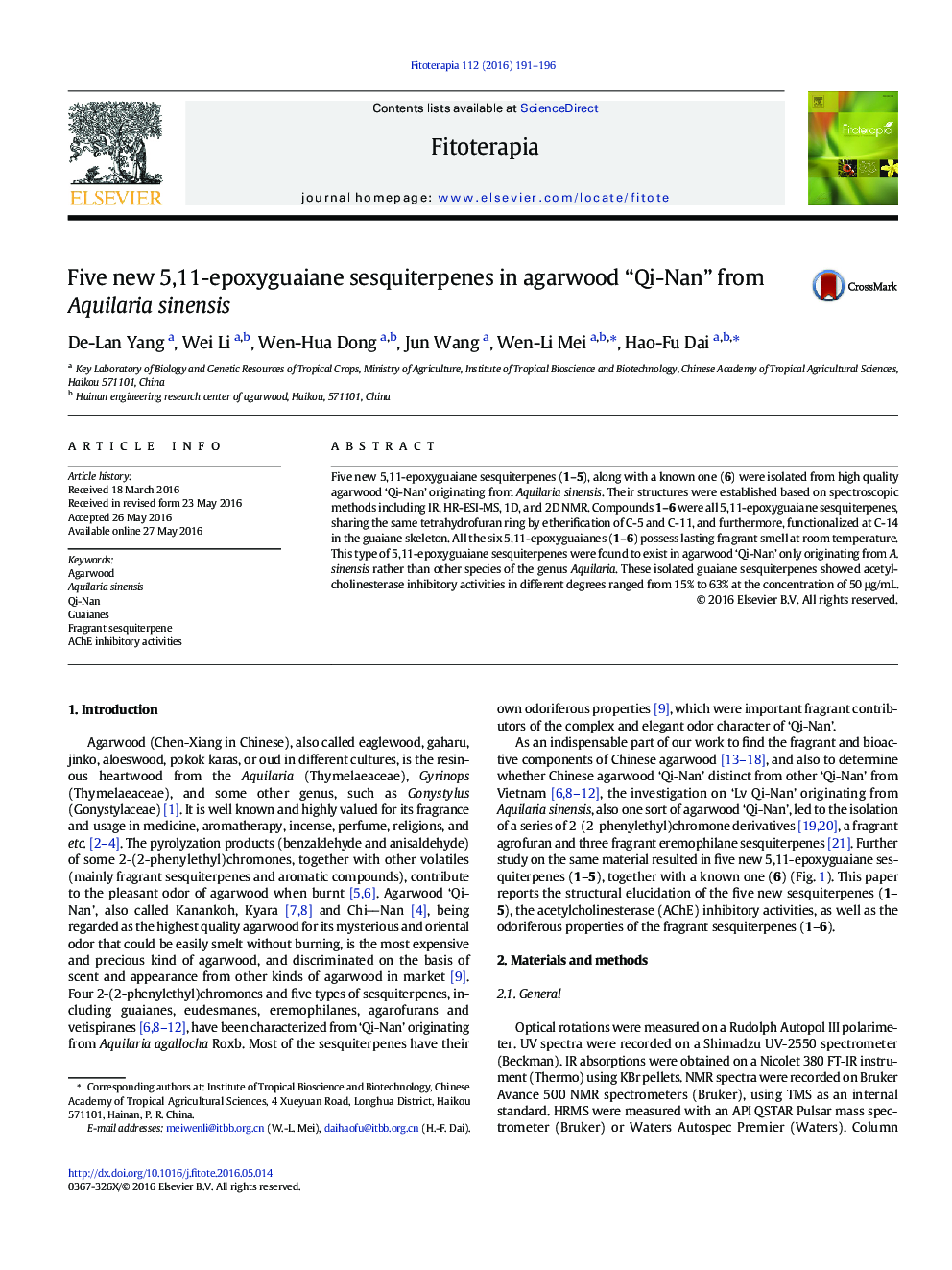 Five new 5,11-epoxyguaiane sesquiterpenes in agarwood “Qi-Nan” from Aquilaria sinensis