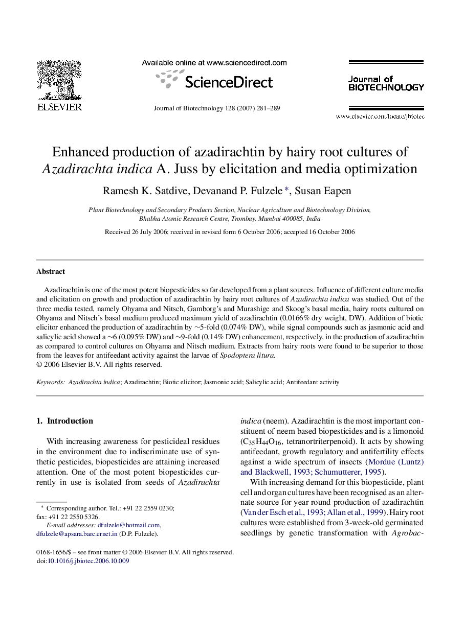 Enhanced production of azadirachtin by hairy root cultures of Azadirachta indica A. Juss by elicitation and media optimization