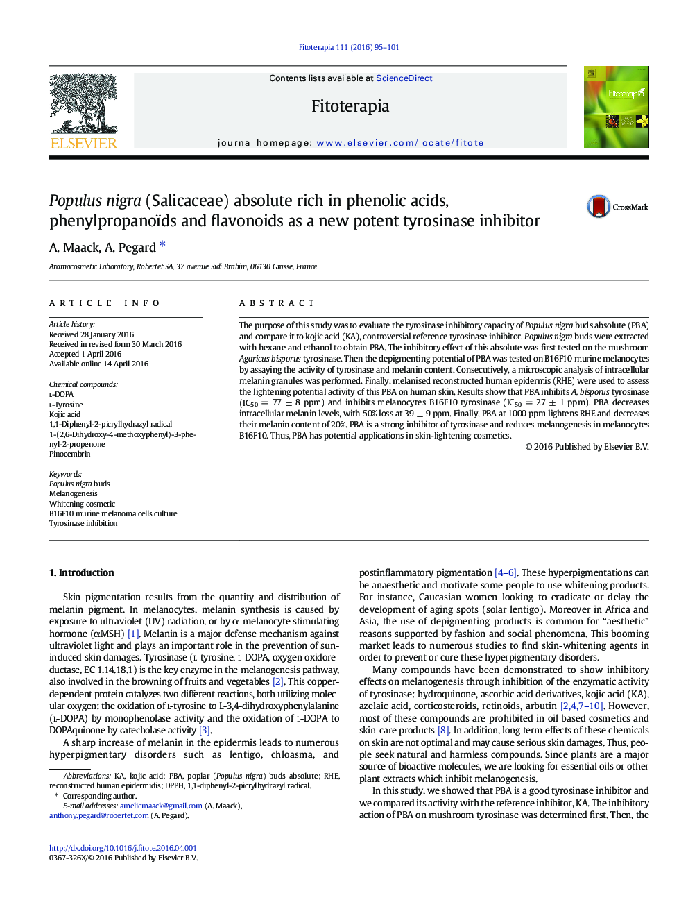 Populus nigra (Salicaceae) absolute rich in phenolic acids, phenylpropanoïds and flavonoids as a new potent tyrosinase inhibitor