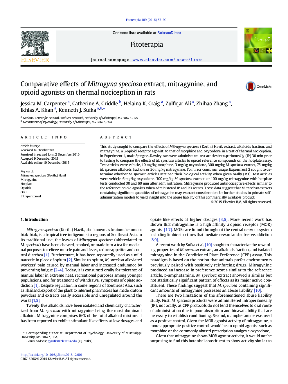 اثرات تطبیقی عصاره Mitragyna speciosa، Mitragynine و آگونیست های اپيوئیدی بر روی ناسازگاری حرارتی در موش صحرايی