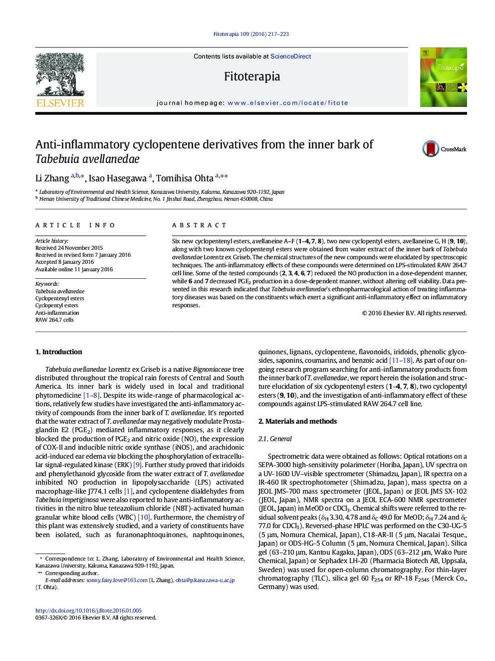 Anti-inflammatory cyclopentene derivatives from the inner bark of Tabebuia avellanedae