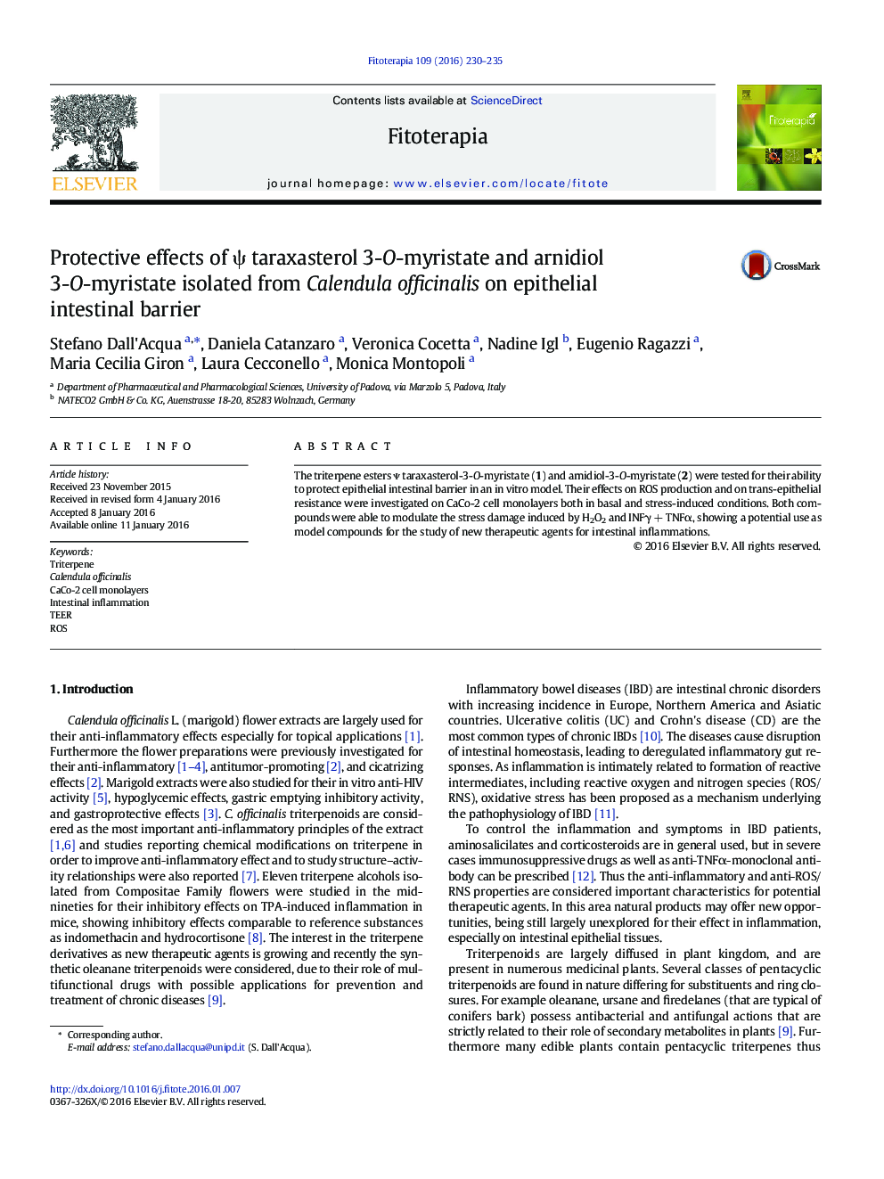 Protective effects of ψ taraxasterol 3-O-myristate and arnidiol 3-O-myristate isolated from Calendula officinalis on epithelial intestinal barrier