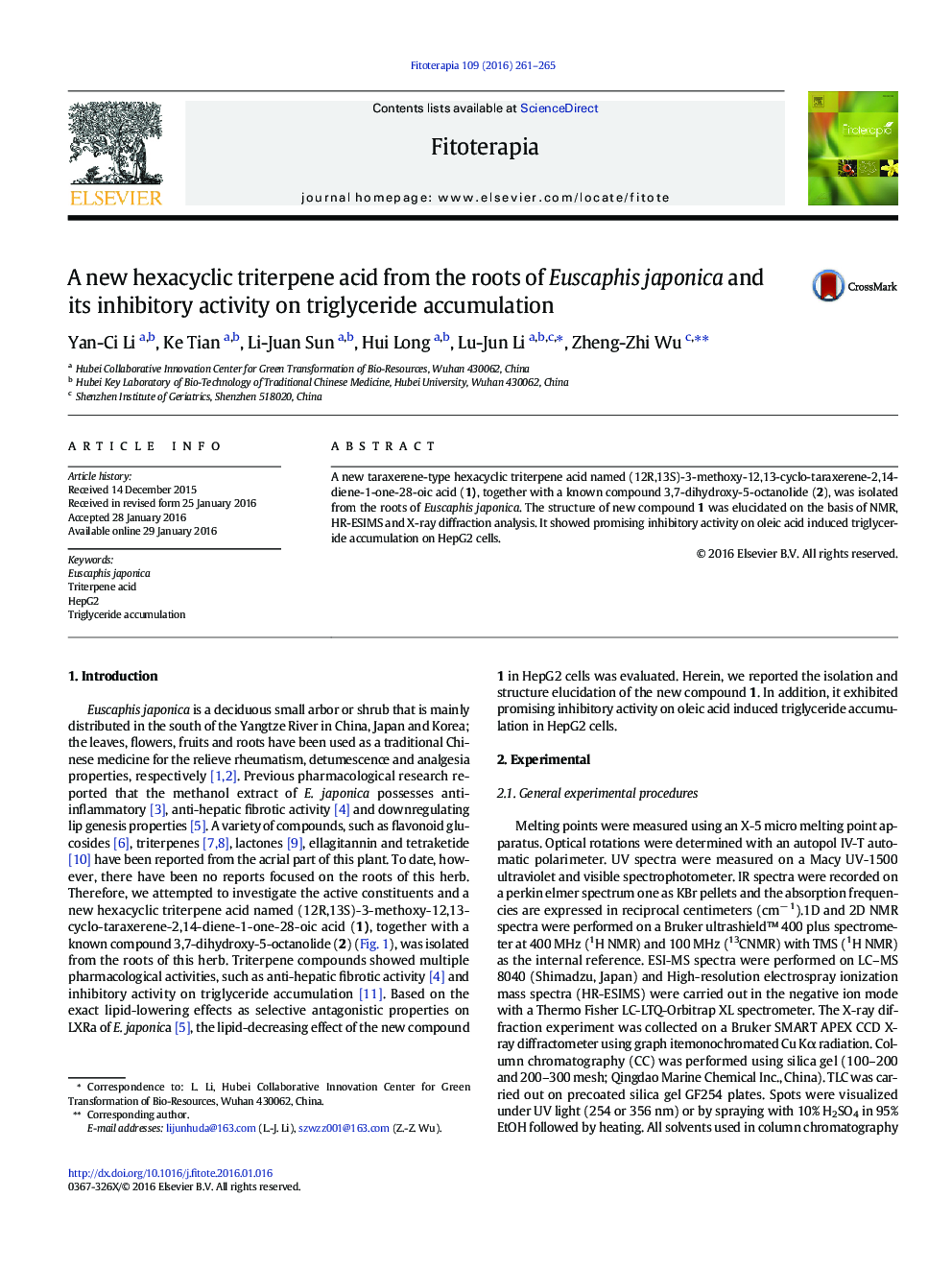 اسید hexacyclic triterpene جدید از ریشه های Euscaphis japonica و فعالیت مهارکننده آن بر تجمع تری گلیسرید