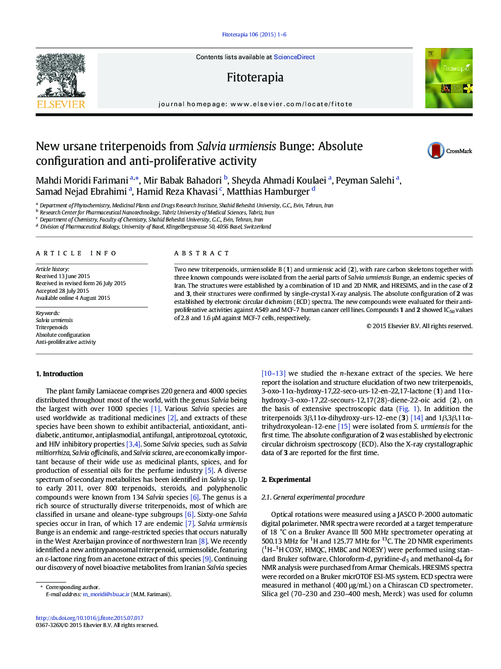 New ursane triterpenoids from Salvia urmiensis Bunge: Absolute configuration and anti-proliferative activity