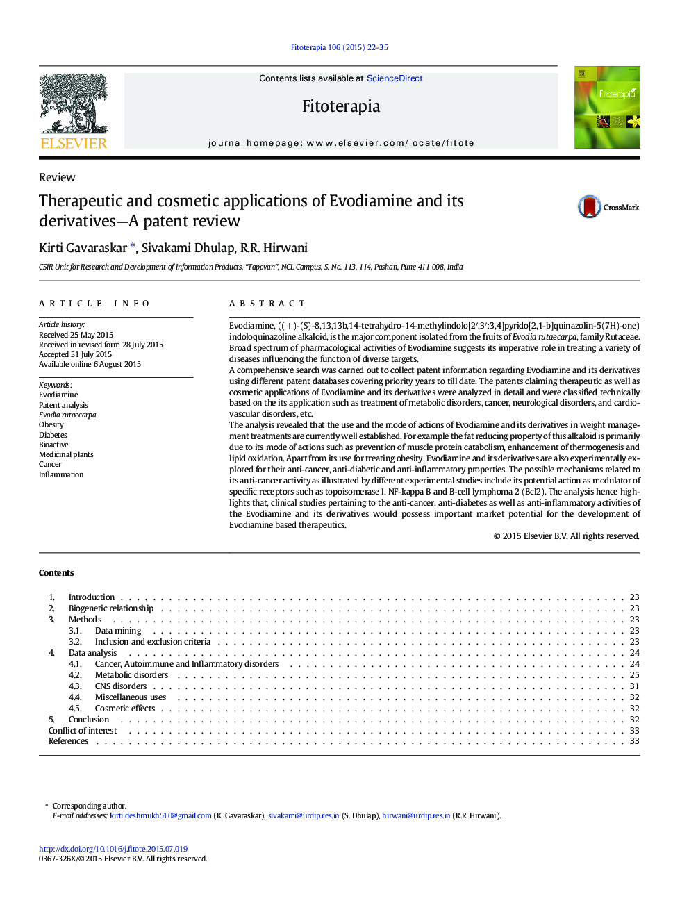 Therapeutic and cosmetic applications of Evodiamine and its derivatives—A patent review