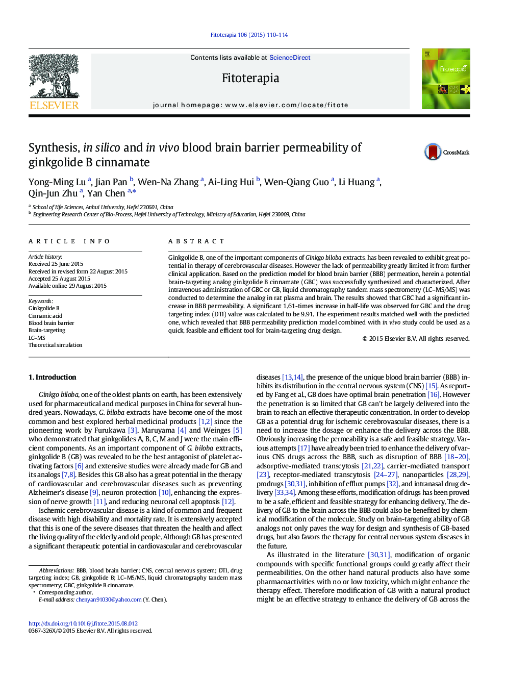 Synthesis, in silico and in vivo blood brain barrier permeability of ginkgolide B cinnamate